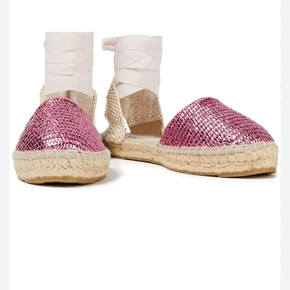 Manebi Valenciana espadrille Mettalic pink Raffia canvas Sz 39 boho chic summer